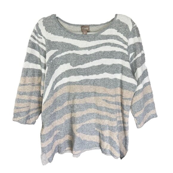 Chicos Top size 2/Large Gray Brown Zebra Animal Print Knit 3/4 Sleeve Sweater - Picture 1 of 8